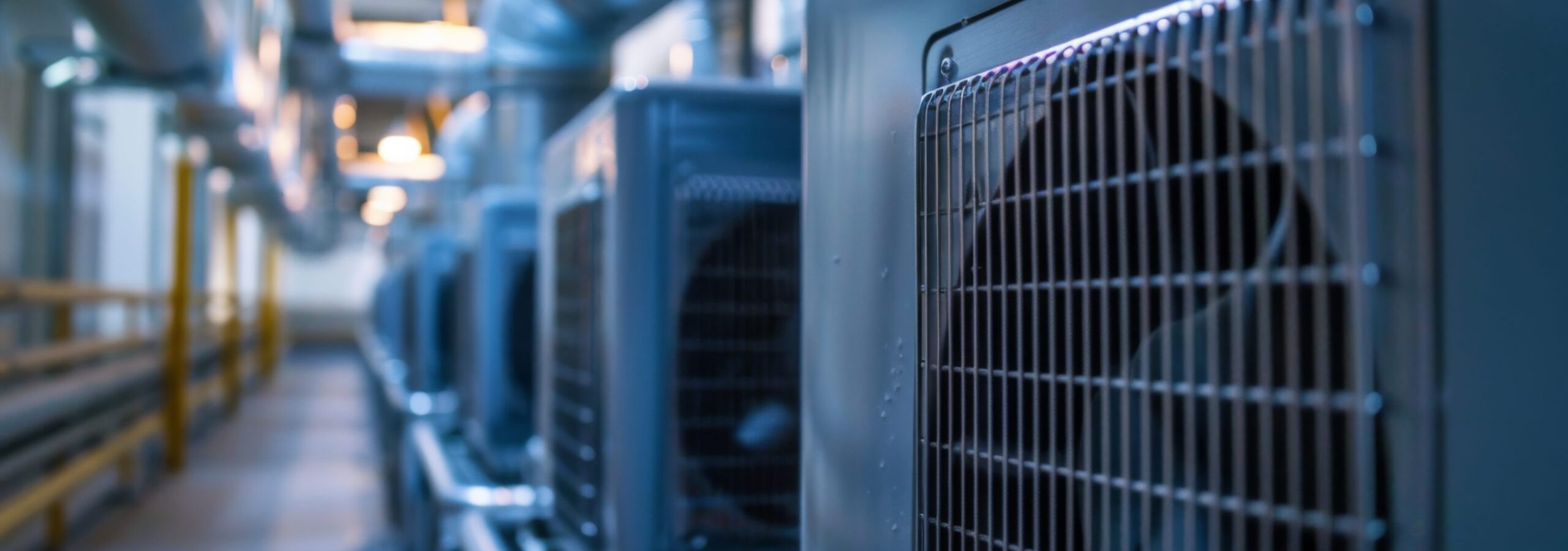 Row of industrial HVAC units inside a modern facility, showcasing cooling and ventilation systems in an industrial setting.